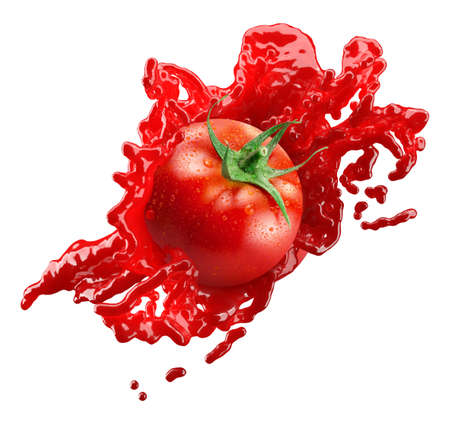 tomato in juice splash isolated on a white background.の写真素材
