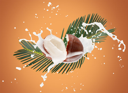 coconuts with milk splash and green leaves on a yellow background.の写真素材