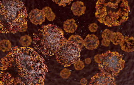Coronavirus outbreak, COVID-19 under microscope. Danger virus background. 3d rendering.の写真素材