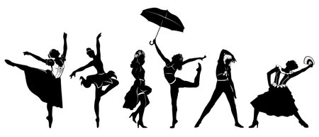 Dancing Women silhouettes set isolated on white. Aerobics, ballet, latin dance, rain dance. vectorcliparts.のイラスト素材