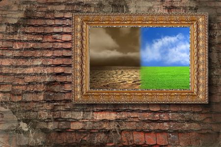 landscape in classic frame on grunge background 