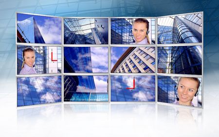 Beautiful business photos in monitors on modern business background