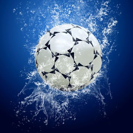 Water drops around soccer ball on blue backgroundの写真素材