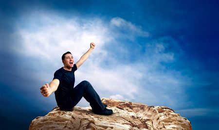 Man on the top of mountain.の写真素材