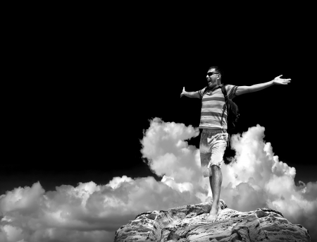 Man on the top of mountainの写真素材