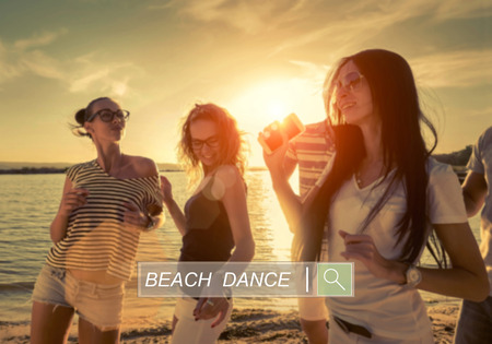 Friends funny dance on the beach under sunset sunlight.の写真素材