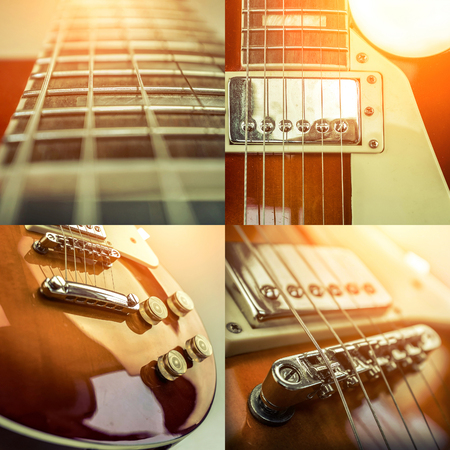 Rock guitar. Collage of close-up view parts of guitar, very popular musical instrument of the world.の写真素材