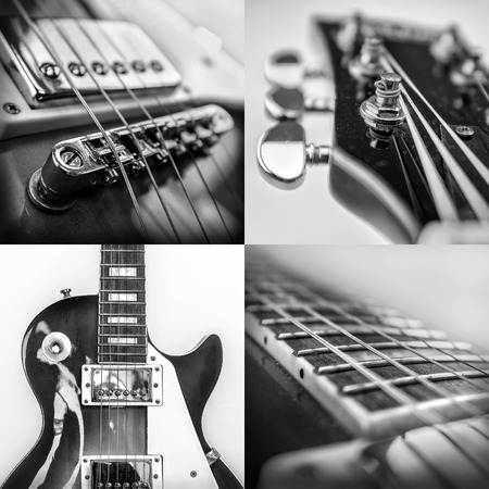 Rock guitar. Collage of close-up view parts of guitar, very popular musical instrument of the world.の写真素材