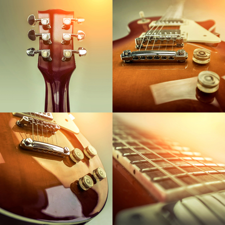 Rock guitar. Collage of close-up view parts of guitar, very popular musical instrument of the world.