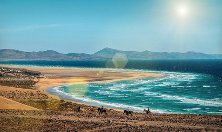 Beautiful panoramic view on the ocean coastline near mountains at sunny day. Travell,...