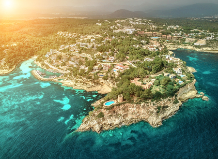 Beautiful birdeye view on the sea coastline with pier and yakhts at sunny day. Travell, jorney,islands, Seascape, freedom, holidays concept.の写真素材