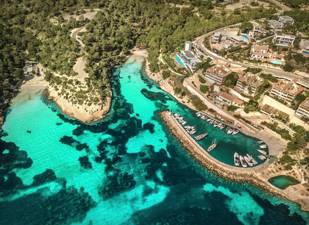 Beautiful birdeye view on the sea coastline with pier and yakhts at sunny day. Travell, jorney,islands, Seascape, freedom, holidays concept.の写真素材