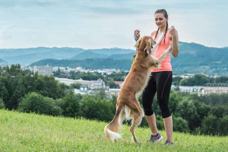 Woman runner and dog on field under golden sunset sky in evening time. Outdoor running. Athletic young woman with his dog are running in nature.の写真素材