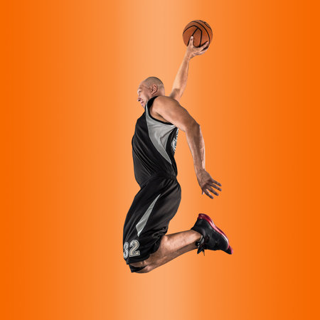 Basketball players on Sports background, collage of different professional athletes on gradient...