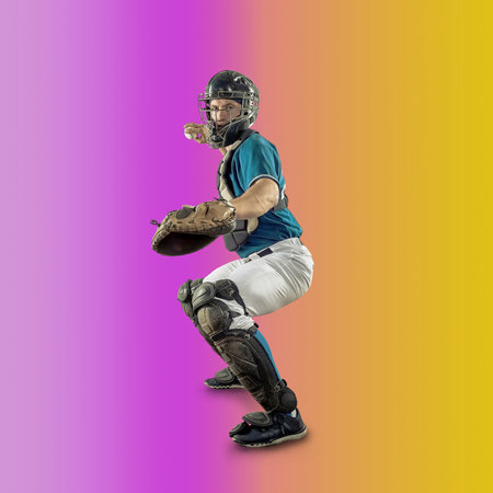 Baseball players in dynamic action in action on gradient multicolored neon background. Concept of sport competition.