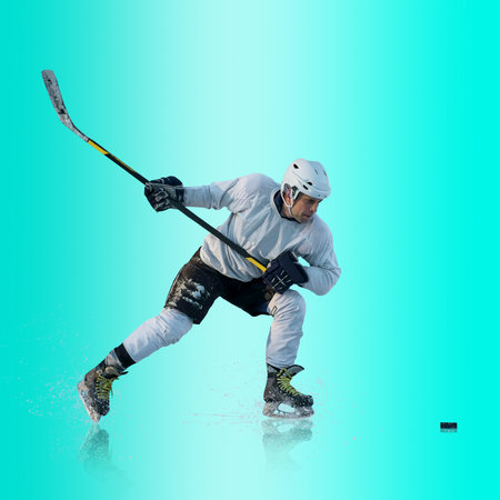 Professional ice hockey player hitting puck for winning goal in action on gradient multicolored neon background. Concept of sport competition.の写真素材