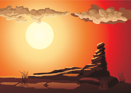 Stone hill in beams of the evening sky with clouds.のイラスト素材