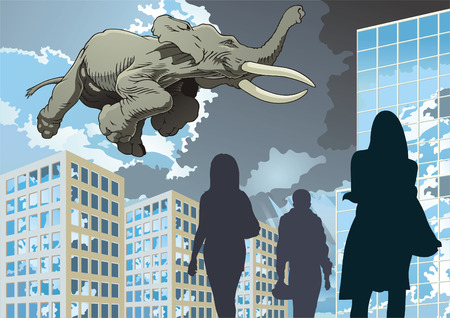 Flying elephant in sky on building.のイラスト素材