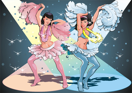 Two Dancing girl with fans from feathersのイラスト素材