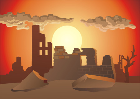 The ruins of the destroyed city on background of the evening sundown.のイラスト素材