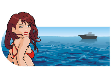 Girl in a bathing suit against sea coastのイラスト素材