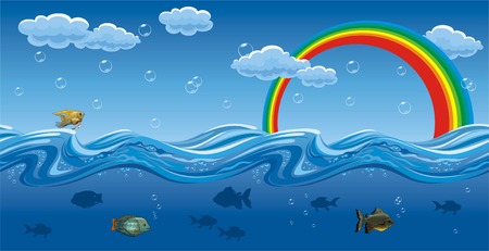 Horizontal seamless illustration of the water waves, fish, rainbows and sky with cloud.のイラスト素材