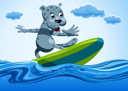 Snow leopard drives surfing on water.のイラスト素材