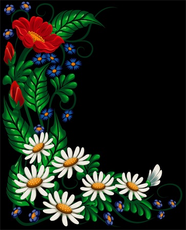 Floral composition with set flower and herb on black backgroundのイラスト素材
