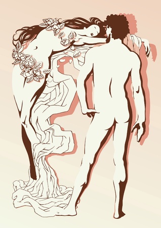 Vector illustration of the nude man and the woman in romantic styleのイラスト素材