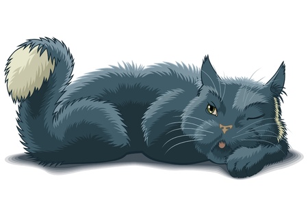 Lying cat with raised by tail watches one eyeのイラスト素材