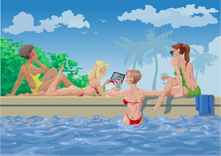 Beautiful girls in bikinis sunbathe by the pool.のイラスト素材
