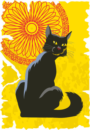 Black cat on a yellow background. Vector.のイラスト素材