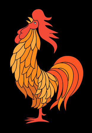 Fiery rooster on a black background. Vector illustrationのイラスト素材