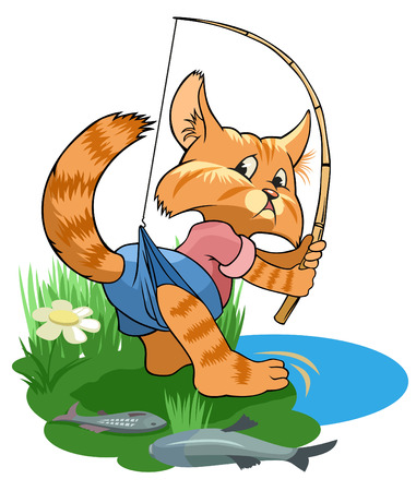 Cute tabby cat catches fish in a pond.のイラスト素材