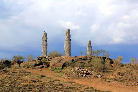 Balbal - a type of stone woman; A small, sometimes crafted stone column. Balbals were usually set up by a chain at a tombstone in Kazakhstan, Tuva, and Mongolia.の写真素材