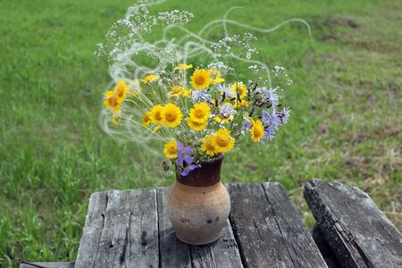 Bouquet of wildflowers in a clay jug. Feather grass, violet, yellow daisy, doronicum, cornflower.の写真素材