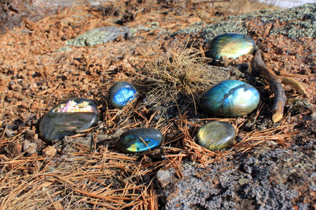 Natural stone labrador (labradorite). Labradorite stone of amazing beauty has an iridescent tint and greenish-gray, dark blue color.の写真素材
