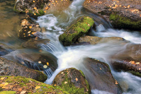 Rapid flow of a mountain river in Altai. Moss-covered river stones. The Belokurikha River flows in the Smolensk region of the Altai Territory through a mountain gorge.の写真素材