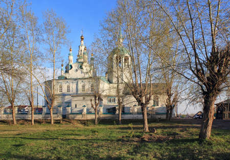 Spring landscape with the Cathedral of the Assumption of the Blessed Virgin Mary in the city of Yeniseysk.の写真素材
