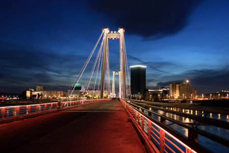 Vynogradovskiy Bridge across the Yenisei river. Cable-stayed bridge to Tatyshev island. Krasnoyarsk, Siberia. Russiaの写真素材
