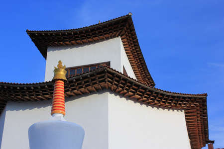 Fragment of wooden ceilings of the roof of a Buddhist temple in Kyzyl. Republic of Tuva.の写真素材