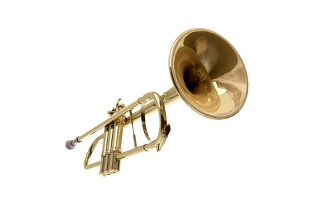 A brass colored trumpet on white backgroundの写真素材