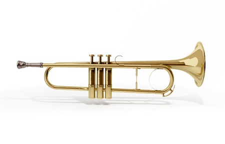 A brass colored trumpet on white backgroundの写真素材