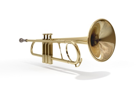 A brass colored trumpet on white backgroundの写真素材