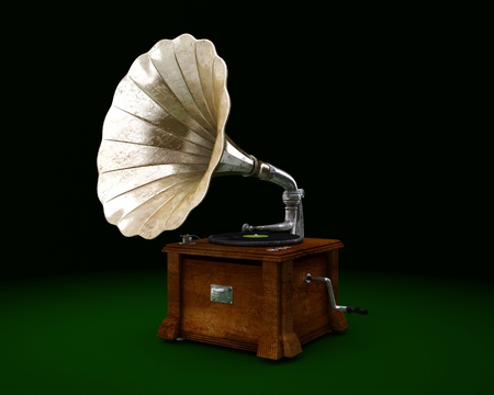 Old vintage gramophone isolated on darkの写真素材