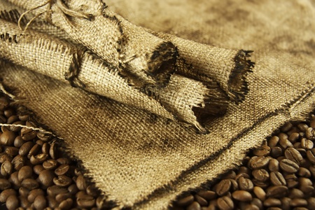 coffee beans and burlapの写真素材