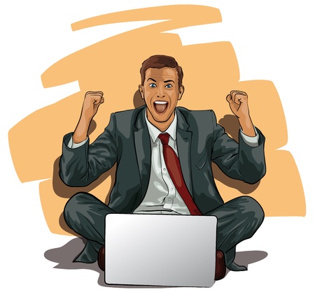 a man with a computer at the moment of success  のイラスト素材