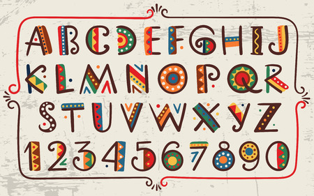 Tribal ethnic bright alphabet and number Hand drawn graphic font in african or indian style Primitive simple stylized designのイラスト素材