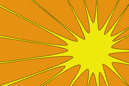 Comic book explosion illustration Yellow radial lines with dots halftone background Square fight stamp for card Sun ray or star burst element hero frameのイラスト素材