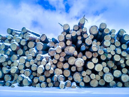 Wood stack background of classic blue color of the year 2020.